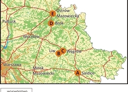mapa przedstawiająca fragment Mazowsza z zaznaczonymi na niej obiektami trasy