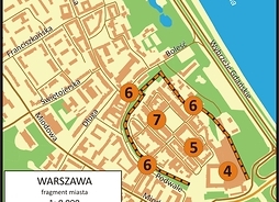 mapa przedstawiająca fragment Warszawy z zaznaczonymi obiektami trasy