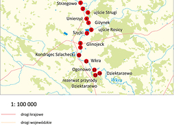 mapa z zaznaczonymi punktami szlaku kajakowego na Wkrze