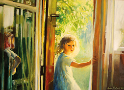 obraz przedstawiający dziewczynkę stojącą przy oknie