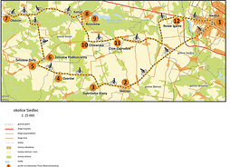 mapa powiatru siedleckiego z zaznaczonymi obiektami trasy Reymontowskiej