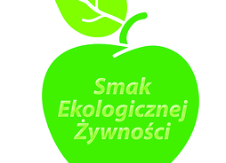 Logo konkursu - zielone jabłko z napisem smak ekologicznej żywności
