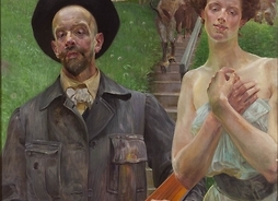 obraz przedstawia Malczewskiego, a po jego prawej stronie stoi ukochana