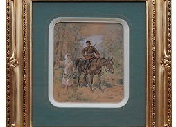 mężczyzna na koniu stoi przy kobiecie, która wskazuje ręką kierunek poza obrazem