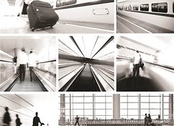 Układanka z dziewięciu zdjęć podróżnych zrobionych przez kamerę monitoringu