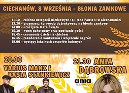 Plakat informujący o Dożynkach Województwa Mazowieckiego, z opisem programu wydarzenia.