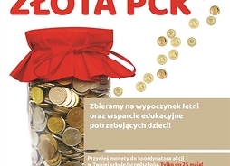 plakat ze skarbonką z pieniędźmi i informacjami o akcji