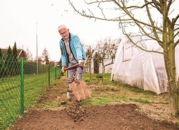 Zdjęcie przedstawia mężczyznę podczas przekopywania ziemi w ogródku