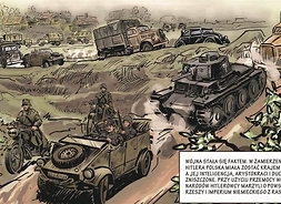 rysunek: po polu wojskowymi sprzętami jadą żołnierze, napis mówi o planach Hitleta dotyczących zniszczenia przemocą wielu narodów