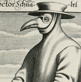 Drzeworyt z osiemnastego wieku przedstawiający postać człowiek w masce o wyglądzie ptasiego dzioba