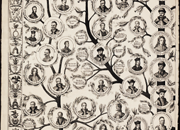 Wielopoziomowe drzewo genealogiczne z portretami cżłonków rodu, jednobarwne na kontrastowym tle