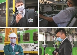 kolaż czterech zdjęć, na których pozują pracownicy kolei w slużbowych strojach i z maskami na twarzy