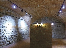 Wnętrze pomieszczenia w piwnicy zamkowej. Kamienne ściany i murowane sklepienie. Do sufitu przymocowane są szyny z oświetleniem