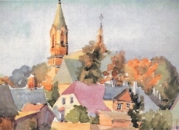 obraz przedstawiający kościół i inne zabudowania miasta