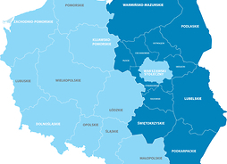 mapa Polski z wyróznionymi regionami należącymi do Polski Wschodniej