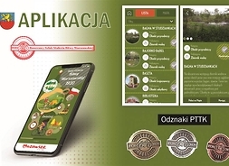 plakat informujący o aplikacji, przedstawia smartfon, miejsca do zwiedzania i odznaki PTTK