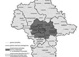 Mapa z oznaczonym podziałem statystycznym województwa mazowieckiego