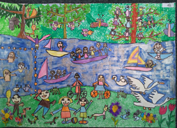 Malunek przedstawiający radosne dzieci płynące w łódkach po rzece