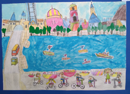 praca plastyczna ukazująca czystą rzekę i jeżdżace na rowerach dzieci