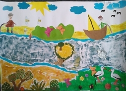 Obrazem przedstawiający rzekę płynącą przez wioskę, zwierzęta i ludzi w łódkach