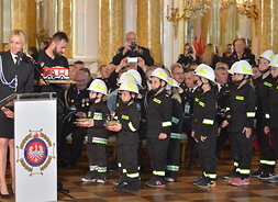 na zdjęciu widać grupkę chłopców w strażackich mundurach