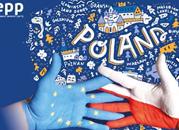 logo debaty, przedsztwia napis Polska w jeż. angielskim i 2 splecione ręce, jedna jest z logo polskiej flagi, druga z logo flagi unijnej