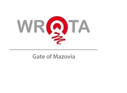 logo portalu wrota mazowsza na białym tle, szare wielkie litery WROTA, z wyszczególnioną na czerwono literą O