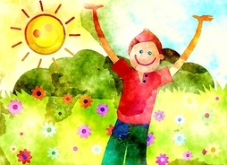 rysunek malowany farbami, przedstawia uśmiechniętą dziewczynkę, która ma podniesione w geście radości ręce, w tle zieleń i słońce