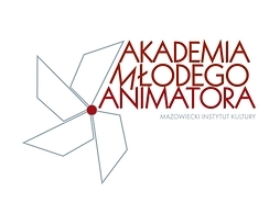 Wizerunek logotypu Akademii Młodego Animatora - nowoczesne wzornictwo w pastelowych barwach, szarej i rudo-brązowej.