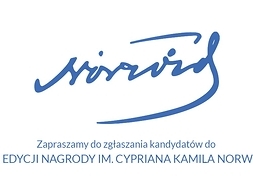 Plakat informujący o zgłaszaniu kandydatów do tegorocznej edycji Nagrody im. Cypriana Kamila Norwida.