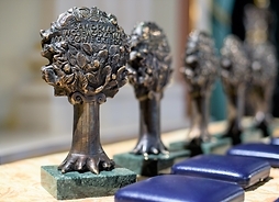 Pięć statuetek Nagrody im. Cypriana Kamila Norwida ustawionych w perspektywie w rzędzie w kierunku prawym, przed nimi leżą trzy etui z medalami.