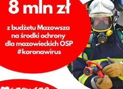 Grafika przedstawiająca po prawej stronie strażaka w uniformie pożarniczym, a po lewej informację o kwocie dofinansowania i celu, na jaki zostanie przeznaczona