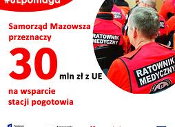 Barwna infografika pokazująca, że Samorząd Województwa Mazowieckiego przeznacza 30 mln zł z Unii Europejskiej na wsparcie stacji pogotowia ratowniczego i transportu sanitarnego na Mazowszu.