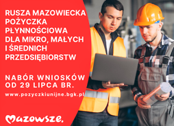 Infografika pokazuje przedsiebiorcę z laptopem i pracownika z narzędziami, wraz z napisem informującym że rusza Mazowiecka Pożyczka Płynnościowa.