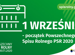 Zielony plakat z białymi napisami informujący, że 1 września początek Powszechnego Spisu Rolnego 2020.