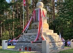 Pomnik przed odsłonięciem, ze zwisającymi biało-czerwonymi szarfami, widoczny w pełnym planie od frontu po skosie.