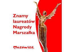 Statuetka nagrody, obok niej napis informacyjny, na dole logotyp samorządu Mazowsza.