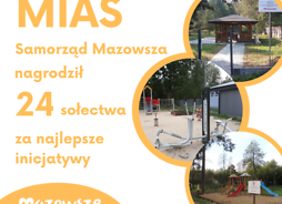 infografika napis MIAS Samorząd nagrodził 24 sołectwa za najlepsze inicjatywy, trzy miniaturki zdjęć projektów wyróżnionych sołectw