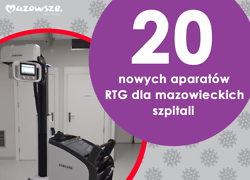 infografika, zdjęcie przenośnego aparatu RTG i napis 20 aparatów RTG la mazowieckich szpitali