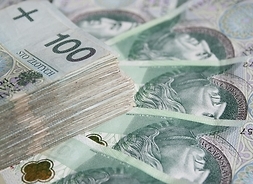 Banknoty polskie stuzłotowe równo rozłozone w wachlarz