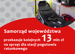 infografika wnętrze karetki i napis samorząd województwa przekazuje kolejnych 13 mln zł na sprzęt dla stacji pogotowia ratunkowego