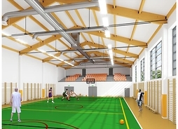 wizualizacja hali sportowej, wnętrze z zielonym zarysowanym polem do gry