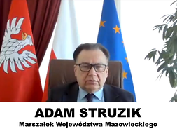 Marszałęk na tle flag Mazowsza i UE