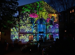 Budynek w nocnej scenerii z iluminacjami kwiatów i innych roślin