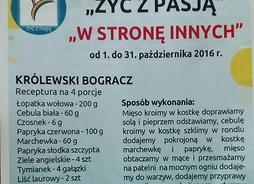 ulotka wydana przez Stowarzyszenie Żyć z Pasją z przepisem na tradycyjną węgierską potrawę królewski bogracz