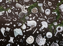Zdjęcie obrazu kompozycji z plastikowych części na ciemnym tle