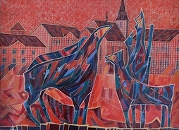 Symboliczne przedstawienie trzech zwierząt na tle panoramy miasta