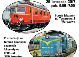 Plakat zapraszający na imprezę z fotografiami dwóch lokomotyw