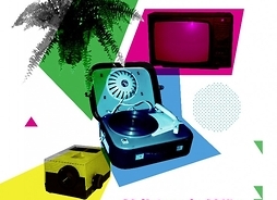 Plakat zapraszający na wydarzenie z grafiką zawierającą zdjęcia starego telewizora, gramofonu i paprotki