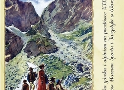 Plakat zapraszający na wystawę z reprodukcją rysowanej pocztówki przedwojennej – widoku na Zawrat w Tatrach